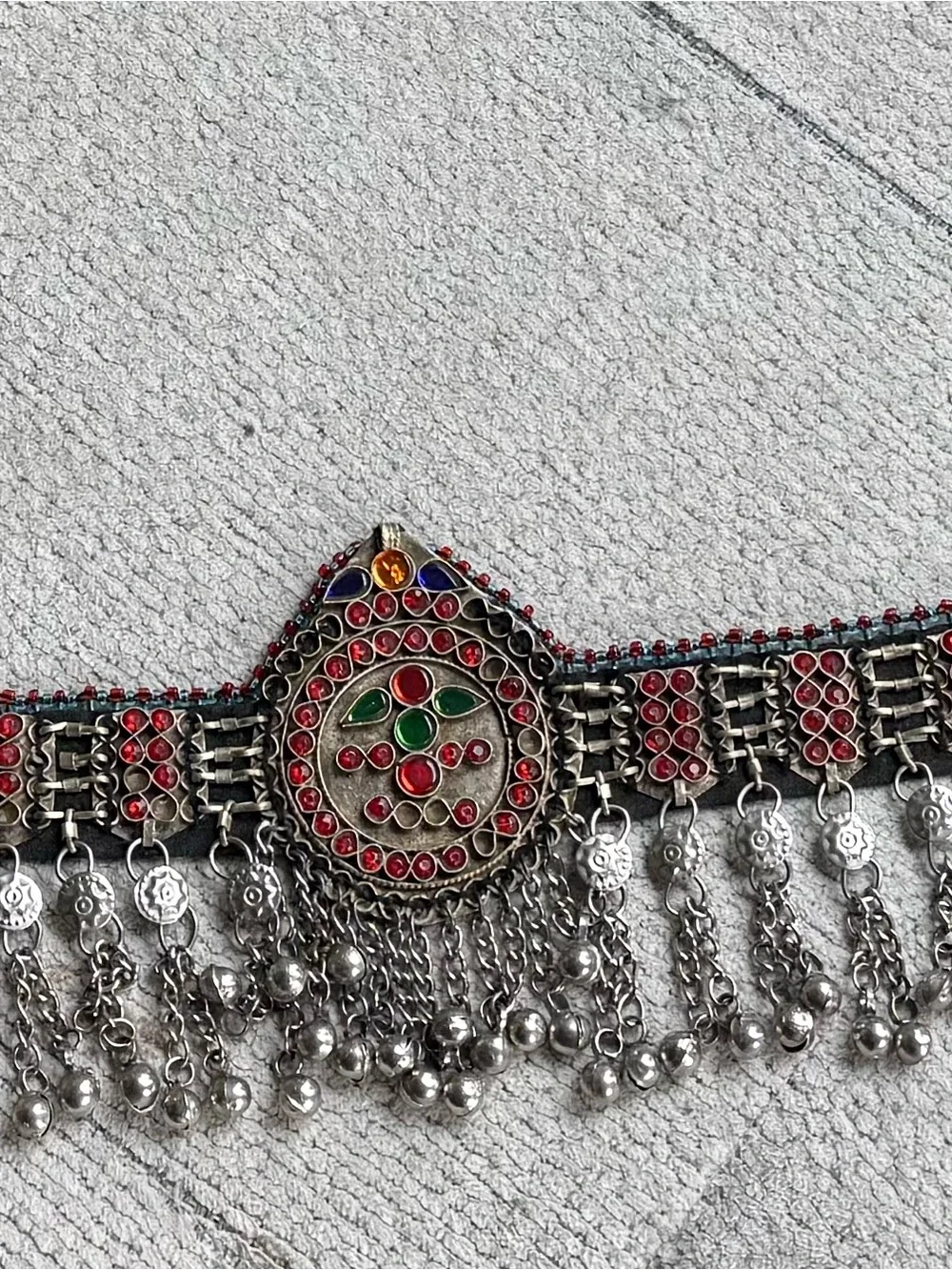 Vintage Afghan Kuchi Tribal Waist Belt Glass Medallions Bells Boho 64”